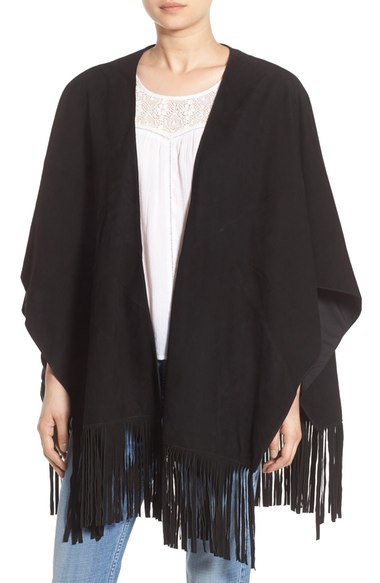 Hinge Suede Fringe Cape Black Nordstrom anniversary sale women's capes sweaters cardigans fall 