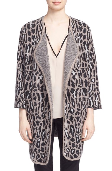 Joie 'Berit' Animal Print Open Front Wool Blend Cardigan Mushroom Sterling Caviar Nordstrom