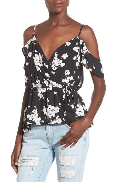 June & Hudson Floral Surplice Cold Shoulder Top Black Ivory peplum tops for summer