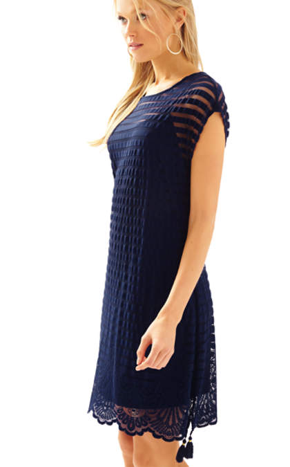 Lilly Pulitzer ADRIA LACE TUNIC DRESS True Navy Turtle Bay Knit Mesh Stripe lace dresses summer wedding guest season