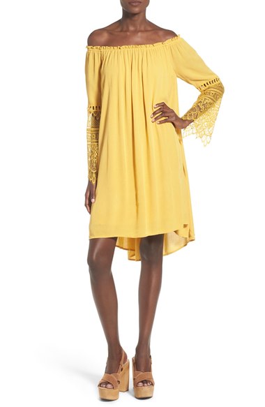 Love, Fire Lace Sleeve Off the Shoulder Shift Dress Gold casual lace dresses summer 2016