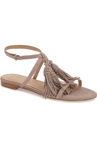 MARC FISHER LTD 'Crystal' Tassel Flat Sandal (Women) Light Grey Suede flat fringe sandals