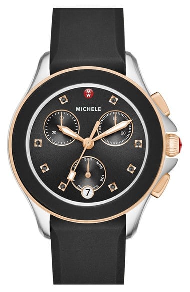 MICHELE' Cape' Chronograph Silicone Strap Watch, 34mm Black Rose Gold Silver Nordstrom anniversary sale women's jewelry watches 2016