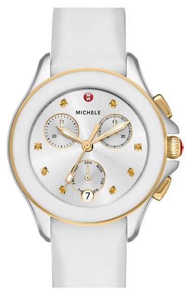 MICHELE 'Cape' Chronograph Silicone Strap Watch, 34mm White Gold Nordstrom anniversary ale women's jewelry