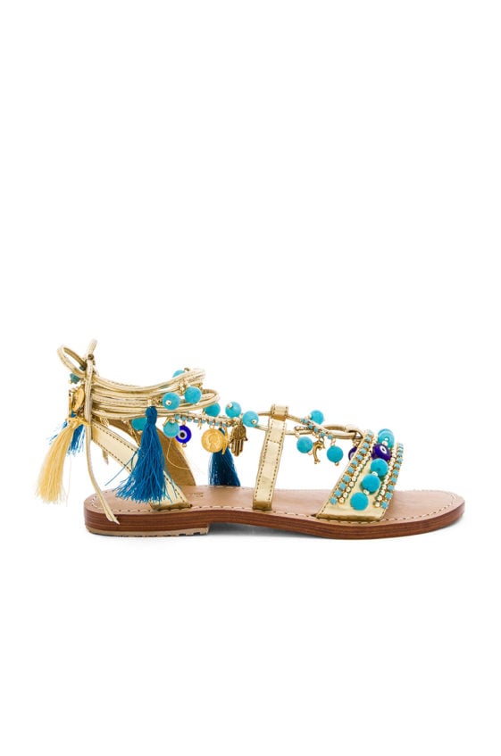 MYSTIQUE Lace Up Sandals Gold Turquoise Fringe Evil Eye Beads flat fringe sandals 