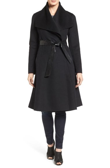 Mackage Drape Front Belted Fit & Flare Coat Black Nordstrom anniversary sale women's jackets
