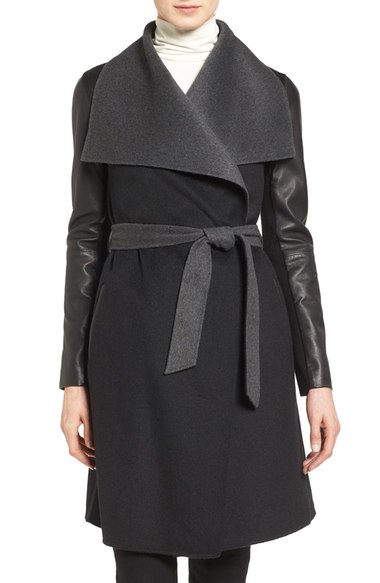 Mackage Leather Sleeve Wool Blend Wrap Coat Black Charcoal 2016 Nordstrom anniversary sale women's jackets and coats
