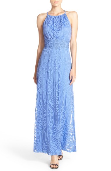 Maggy London Burnout Lace Fit & Flare Maxi Dress Periwinkle lace dresses summer wedding season
