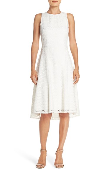 Maggy London Crochet Lace Fit & Flare Dress White high low hem dresses