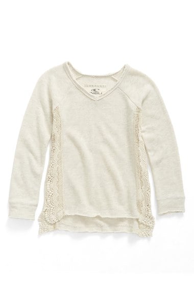 O'Neill 'Mya' Crochet Inset French Terry Sweatshirt (Little Girls & Big Girls) Oatmeal Heather Nordstrom anniversary sale little girls clothing back to school fall