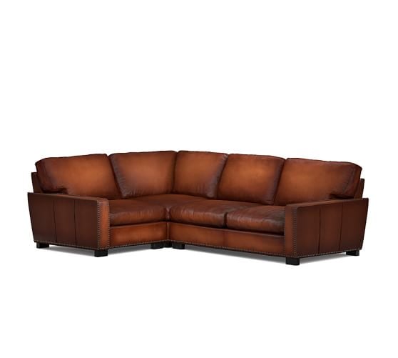 Pottery Barn TURNER SQUARE ARM LEATHER 3-PIECE SECTIONAL WITH CORNER WITH NAILHEADS pottery barn sale 15% off