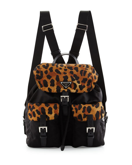 Prada Tessuto Leopard-Print-Trim Nylon Backpack Black/Leopard (Nero+Miele) back to school designer backpacks college students