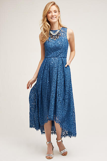 Shoshanna Jules Lace High Low Hem Fit and Flare Dress Blue fit and flare dresses summer wedding guest