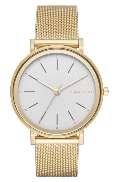 Skagen 'Hald' Round Mesh Strap Watch, 34mm Gold White Nordstrom anniversary sale women's jewelry