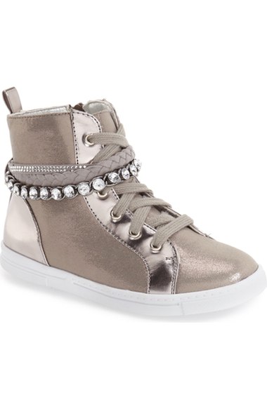 Stuart Weitzman 'Heather' Crystal Embellished High Top Sneaker (Little Kid & Big Kid) Pewter Faux Leather Nordstrom anniversary sale little girls shoes fall