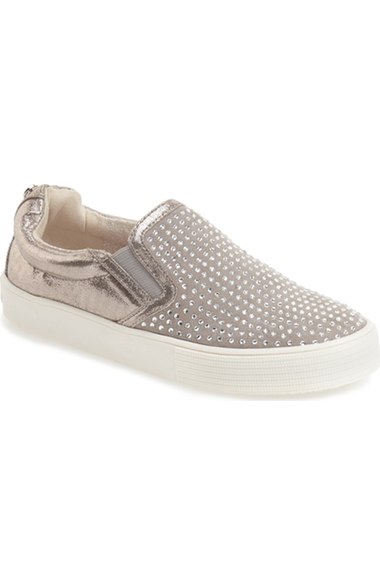 Stuart Weitzman 'Vance Bling' Slip-On Sneaker (Toddler, Little Kid & Big Kid) Pewter Faux Suede Nordstrom anniversary sale toddler girls