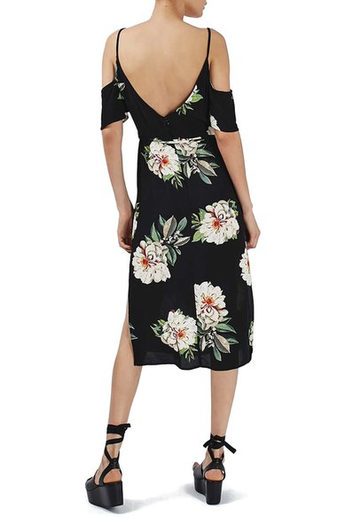 Topshop Floral Print Cold Shoulder Midi Dress Black Multi cold shoulder summer wedding guest dresses