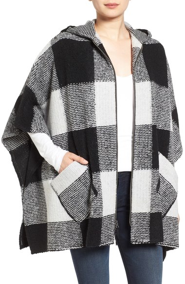 Treasure&Bond Buffalo Check Knit Zip Front Hooded Cape Black Combo 2016 Nordstrom anniversary sale women's capes 