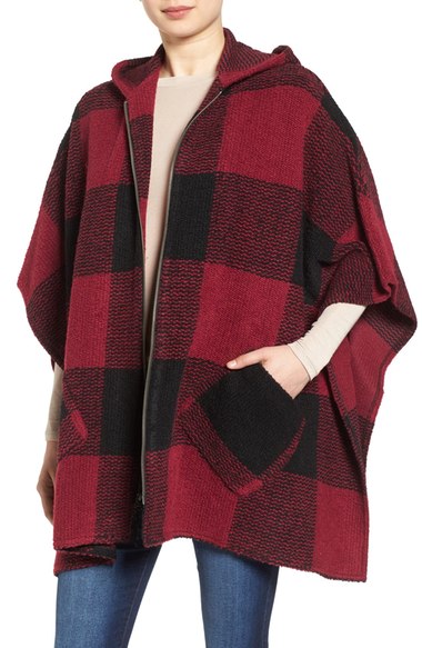 Treasure&Bond Buffalo Check Knit Zip Front Hooded Cape Red Combo Nordstrom anniversary sale women's sweaters capes cardigans 