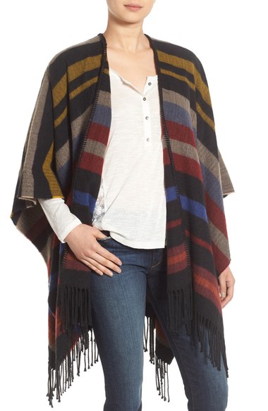 Treasure&Bond Fringed Stripe Poncho Black Combo Nordstrom