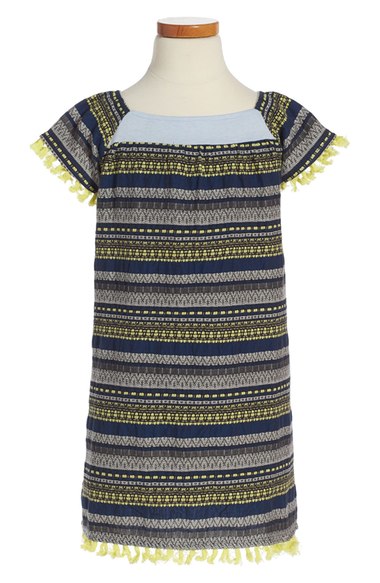 Tucker + Tate Cap Sleeve Woven Dress (Toddler Girls, Little Girls & Big Girls) Fringe Trim Blue Depths Ornate Stripe Nordstrom anniversary sale toddler girls 