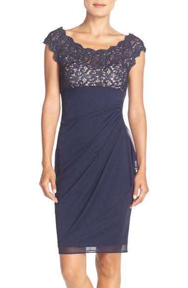 Xscape Lace & Chiffon Sheath Dress (Regular & Petite) Navy Blue lace dresses summer wedding guest season 2016