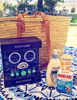 I LOVE the fun straw tote bag, Sunnylife Beach Sounds speakers/radio in blue, Vagabond round beach towel Aveeno Active Naturals Protect + Hydrate Broad Spectrum Lotion SPF 50, Aveeno Daily Moisturizing Lotion and trusty Band-Aid waterproof bandaids I was sent a few days ago in time for the 4th of July and summer beach getaway.
