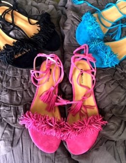 Candace Rose loves Matiko Delilah flat fringe sandals in black, teal and fuschia/pink.