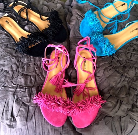 Candace Rose loves Matiko Delilah flat fringe sandals in black, teal and fuschia/pink. 