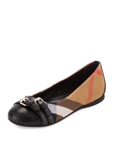 Burberry Avonwick Girls' Check Cap-Toe Ballet Flat, Youth Black neiman marcus candace rose back to school shoes for little girls