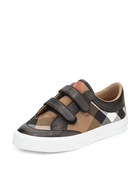 Burberry Heacham Mini Check Leather-Trim Sneaker, Black Tan Youth back to school shoes for little girls candace rose neiman marcus