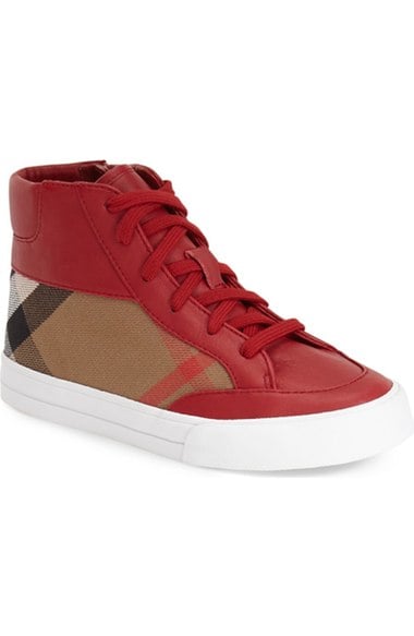 Burberry 'Mini Haypark' High Top Sneaker (Baby, Walker, Toddler & Little Kid) Parade Red back to school shoes for little girls nordstrom candace rose