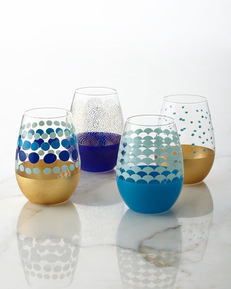 Dot Stemless Wine Glasses, 4-Piece Set Blue Gold Horchow flash sale candace rose anderson