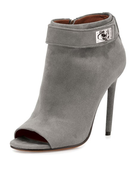candace rose Givenchy Suede Shark-Lock Open-Toe Bootie Gray  neiman marcus fashion blog candie anderson