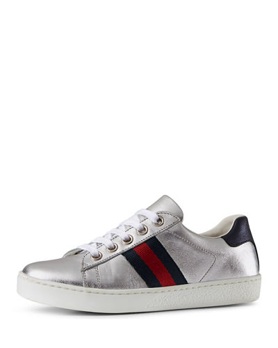 Gucci New Ace Leather Tennis Shoe Youth Silver back to school shoes for little girls candace rose neiman marcus