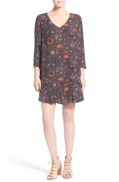 Hinge Print V-Neck Shift Dress Grey Ebony Xstitch Floral Print dresses nordstrom candace rose