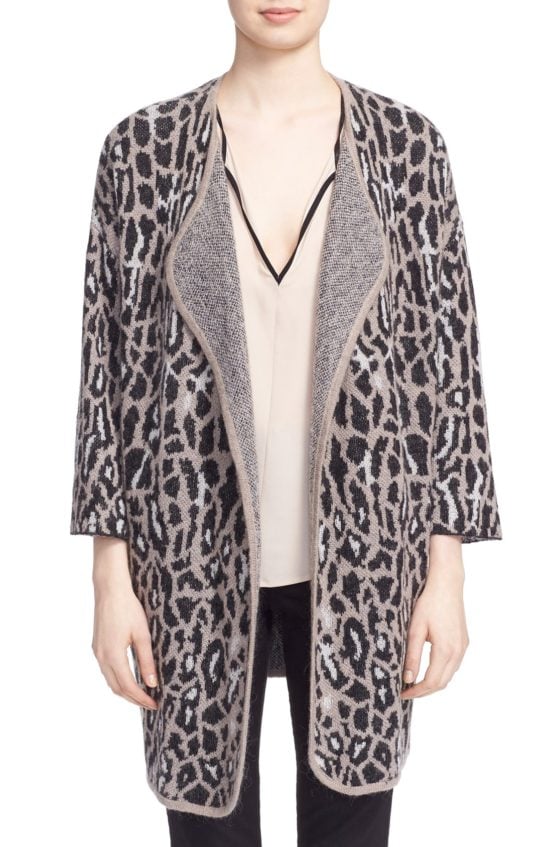 Joie 'Berit' Print Open Front Wool Blend Cardigan Mushroom Sterling Caviar Nordstrom anniversary sale women's fashion under $500