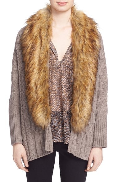 Joie 'Raeka' Faux Fur Collar Cable Knit Cocoon Cardigan Heather Mushroom Natural Nordstrom anniversary sale women's fashion under $500