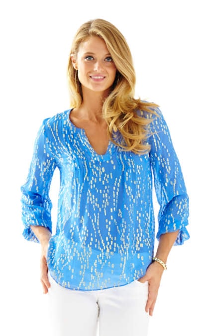 Lilly Pulitzer COLBY SILK METALLIC DOT TOP Bay Blue Bubble Clip Dot Jacquard lilly pulitzer after party sale candace rose