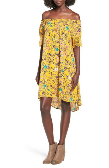 Love, Fire Challis Off the Shoulder Dress Gold Floral Print dresses nordstrom fall 2016 candace rose
