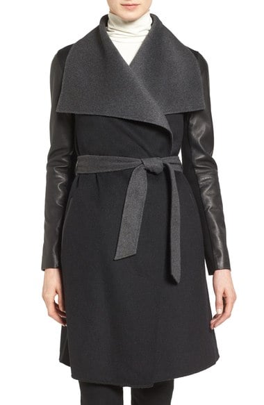 Mackage Leather Sleeve Double Face Wool Blend Wrap Coat Black Charcoal Nordstrom Anniversary Sale