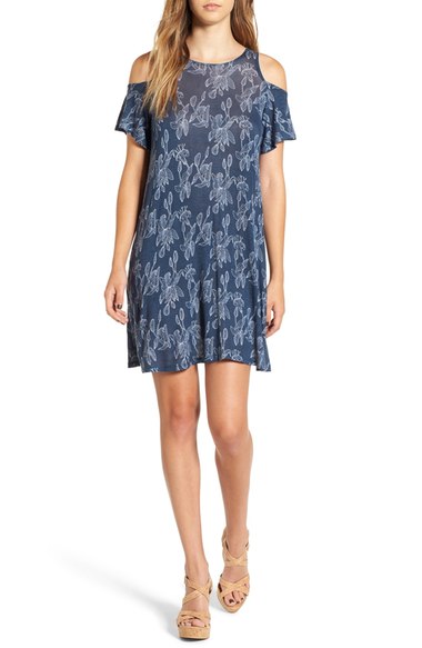 Michelle by Comune 'Walthamstow' Floral Print Shift Dress Denim White nordstrom floral print dresses fall candace rose
