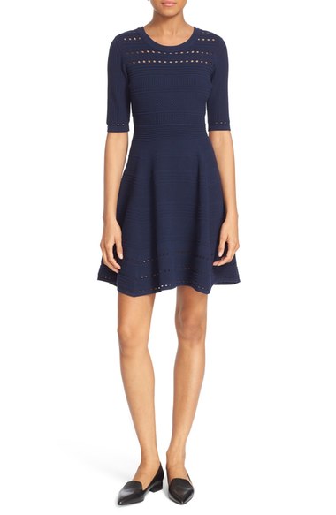 Milly Mixed Stitch Texture Knit Fit & Flare Dress Navy Blue Nordstrom anniversary sale women's fashion under $500