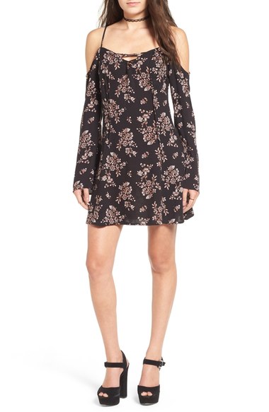 Mimi Chica Floral Print Cold Shoulder Shift Dress Black Floral nordstrom floral print dresses candace rose