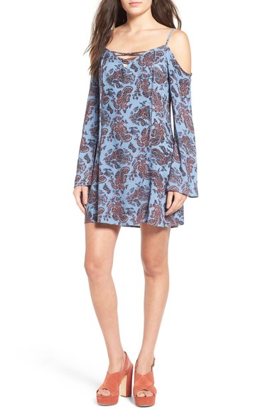 Mimi Chica Floral Print Cold Shoulder Shift Dress Blue Paisley floral print dresses fall nordstrom candace rose