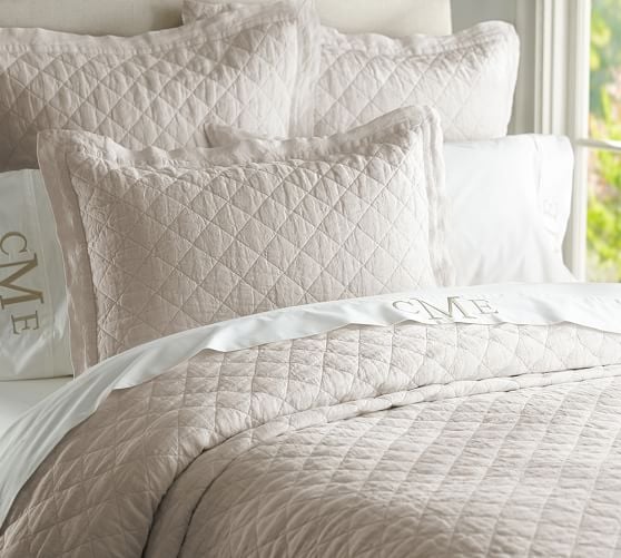 Pottery Barn BELGIAN FLAX LINEN DIAMOND QUILT & SHAM pottery barn bedding end of summer sale 