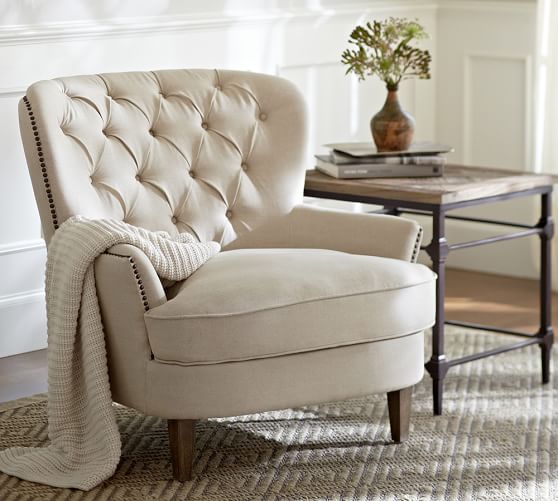 Pottery Barn CARDIFF TUFTED UPHOLSTERED ARMCHAIR pottery barn premier event sale