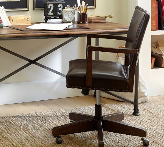 Pottery Barn MANCHESTER SWIVEL DESK CHAIR Antique Dark Brown Leather pottery barn home office sale