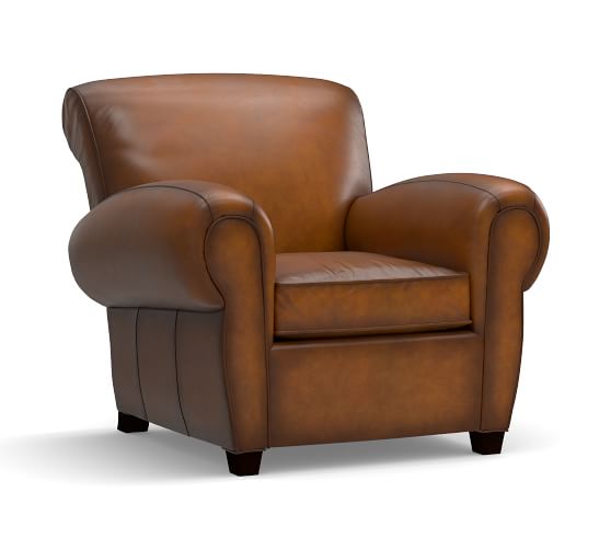 Pottery Barn MANHATTAN LEATHER ARMCHAIR- BURNISHED BOURBON pottery barn premier event sale
