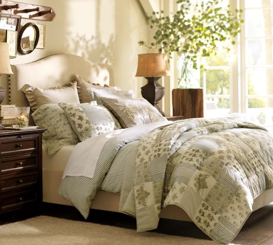 candace rose Pottery Barn RALEIGH UPHOLSTERED NAILHEAD CAMELBACK TALL BED & HEADBOARD upholstered bed sale candie anderson